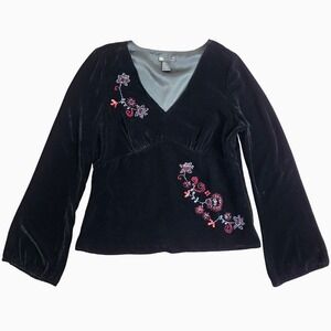 VTG Carol Little Silk Velvet Babydoll Top Sz XL Beaded Bell Sleeve Y2K Goth Alt